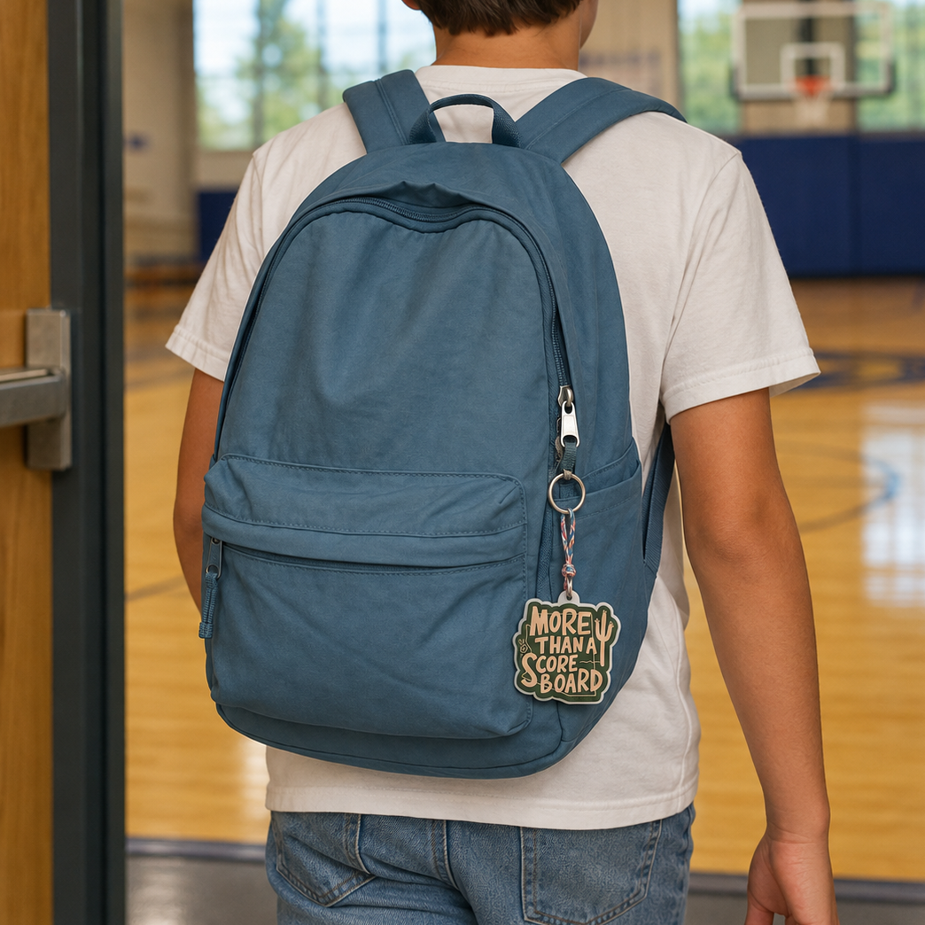 A person viewed from behind wearing a slate blue backpack with a decorative patch that reads 'MORE TIME FOR SPORTS' hanging from the zipper, standing in a doorway that leads to a school gymnasium.