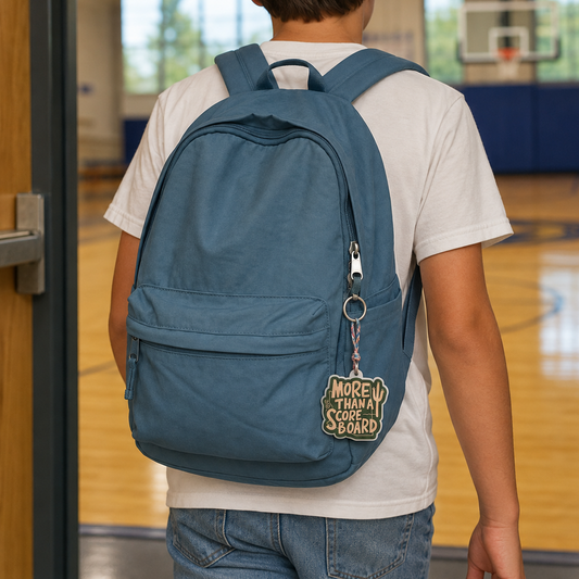 A person viewed from behind wearing a slate blue backpack with a decorative patch that reads 'MORE TIME FOR SPORTS' hanging from the zipper, standing in a doorway that leads to a school gymnasium.