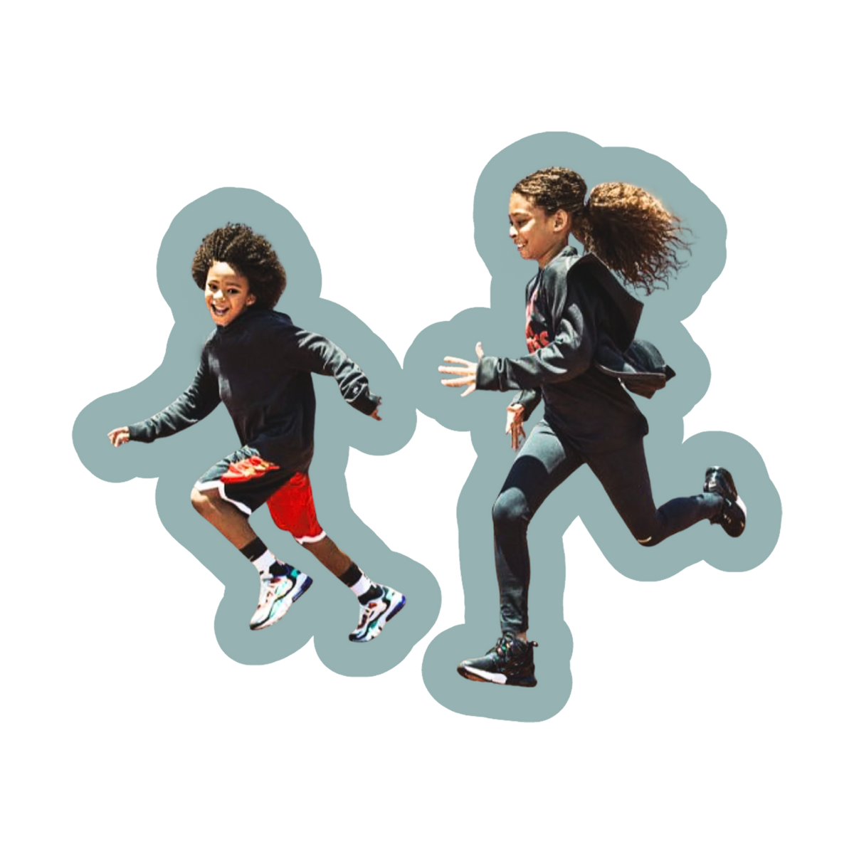 Two children running at sports camp one in a black jacket and red shorts, the other in a black outfit with a red shirt.